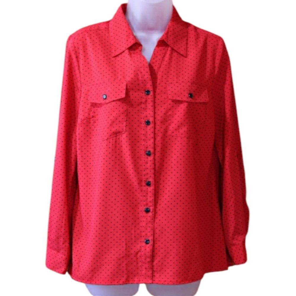 Notations Petite Red Black Polka Dot Mini Roll Tab Sleeve Button Down Blouse
